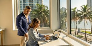 Two insurance agents in Florida discuss 1099 agent earnings on a laptop.