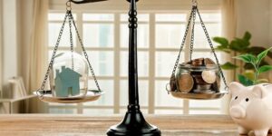 A balance scale with a house and coins weighs the pros and cons of universal life insurance.