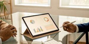 An advisor shows a client an accidental death insurance quote on a tablet.