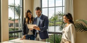 Couple reviewing ACA plans with an agent in Buenaventura Lakes, FL.