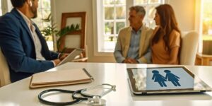 Choosing an Affordable Care Act plan in Haines City, FL with a tablet and stethoscope on a desk.