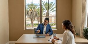 Agente de anualidades que habla español en Kissimmee asesora a un cliente sobre su plan de retiro.