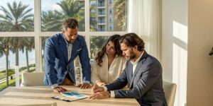 Three professionals discussing affordable life insurance options in Florida.