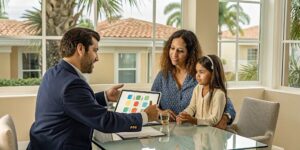 Insurance agent helping a family with ACA plans in Poinciana, FL.