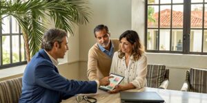Insurance agent discussing Affordable Care Act plans with a couple in Davenport, FL.