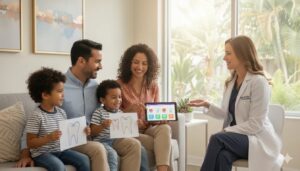 A family discusses dental insurance plans with their dentist in Kissimmee, FL.