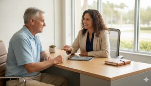 Senior and agent discussing Medicare Supplement quotes in Saint Cloud, FL.