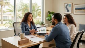 Couple reviewing affordable ACA health insurance plans with an agent in Kissimmee.