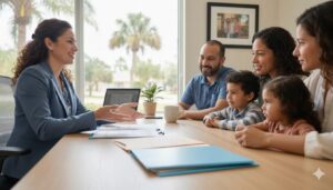 Bilingual benefits advisor helping an immigrant family review their ACA health plan options in a bright Central Florida office