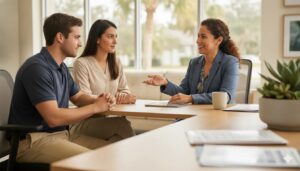 Health insurance advisor helping a couple review ACA open enrollment options in a bright Florida office