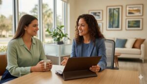 Health insurance advisor helping a woman review ACA enrollment options in a bright office