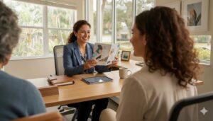 Benefits advisor talking through ACA and short-term health insurance options with a family