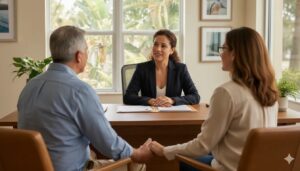 Florida couple discussing an accelerated death benefit with a life insurance advisor