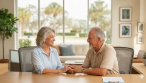 Florida retirees discussing annuity surrender charges with an insurance advisor