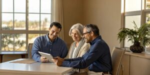 Licensed insurance advisor reviewing Medicare plan options with a senior couple in a bright Florida office