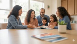 Bilingual benefits advisor helping a Florida family review their health insurance options