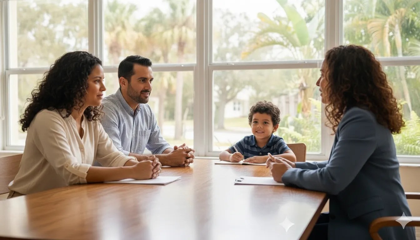 Parents discussing life insurance for children in Florida with an advisor