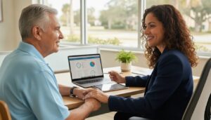 Agente bilingüe de Medicare en Orlando, FL asesora a un cliente sobre sus opciones de planes.