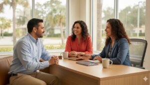 Agente revisando una cotización de seguro de vida con clientes en Kissimmee, FL.