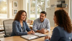 Benefits advisor reviewing a plan binder with a relaxed couple in a bright insurance office