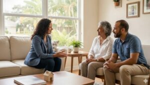 Insurance advisor talking with a senior couple about final expense coverage