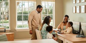 Professional insurance team assisting a family in a modern Florida office
