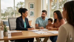 Friendly bilingual benefits advisor helping a Florida family with healthcare paperwork