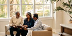 Senior couple speaking with an insurance advisor in a bright Florida office