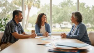 Benefits advisor discussing Medicare Advantage plan options with a senior couple in a bright Florida office