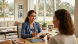 Agente de Obamacare en Orlando, FL, ayuda a un cliente a inscribirse en un plan de salud.