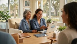 A health insurance advisor helping a Florida couple review and apply for ACA healthcare coverage