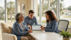 A broker helps a couple compare health insurance quotes on a tablet in Saint Cloud, FL.