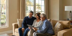 Friendly senior couple talking with an insurance advisor about Medicare enrollment in a bright Florida home