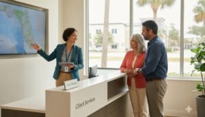 Bilingual health insurance agent in Orlando, FL assisting a couple with their plan options.