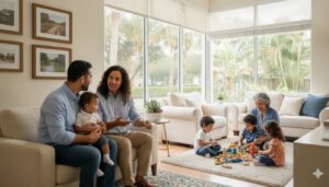 A young family at home in Orlando, FL, protected by their family health insurance.