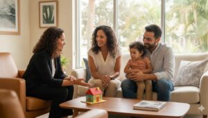 Insurance advisor discussing life insurance for children in Florida with parents and their child
