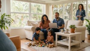 A family sitting together in a bright living room while an insurance advisor helps protect their financial future