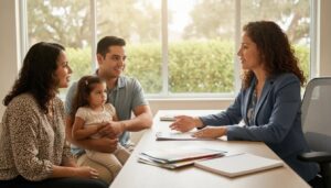 Insurance advisor helping a family compare Medicaid and Obamacare coverage options in a bright Florida office