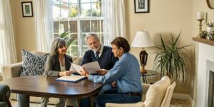 Senior couple meeting with an insurance agent at a kitchen table in a Florida home
