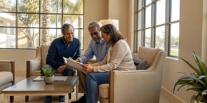 Medicare advisor reviewing plan options with a retired couple in a bright Florida office