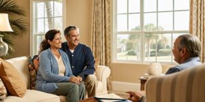 A licensed advisor speaking with a senior couple about Medicare coverage in a bright Florida living room