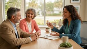Friendly Florida benefits advisor speaking with a senior couple about lowering prescription drug costs