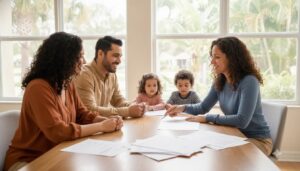 Family discussing mortgage protection life insurance with a Florida advisor