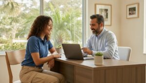 Self-employed worker and consultant reviewing health insurance options in a bright Florida home office