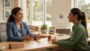A friendly small business owner in a bright Florida office discussing health insurance options with a bilingual benefits advisor