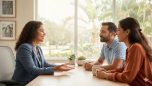 Bilingual insurance advisor discussing healthcare coverage options with a Florida family