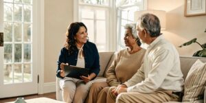 Insurance advisor helping a senior couple compare Medicare Supplement plans in a bright Florida office