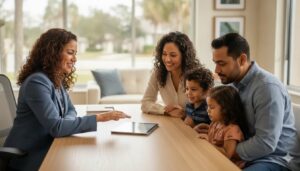 Agente de seguros bilingue conversando con una familia hispana en una oficina en Florida Central