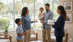 Familia hispana consultando opciones de seguro médico Obamacare en Kissimmee, FL.