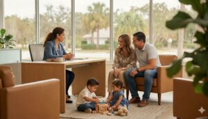 Licensed insurance advisor speaking with a young Florida family in a bright office
